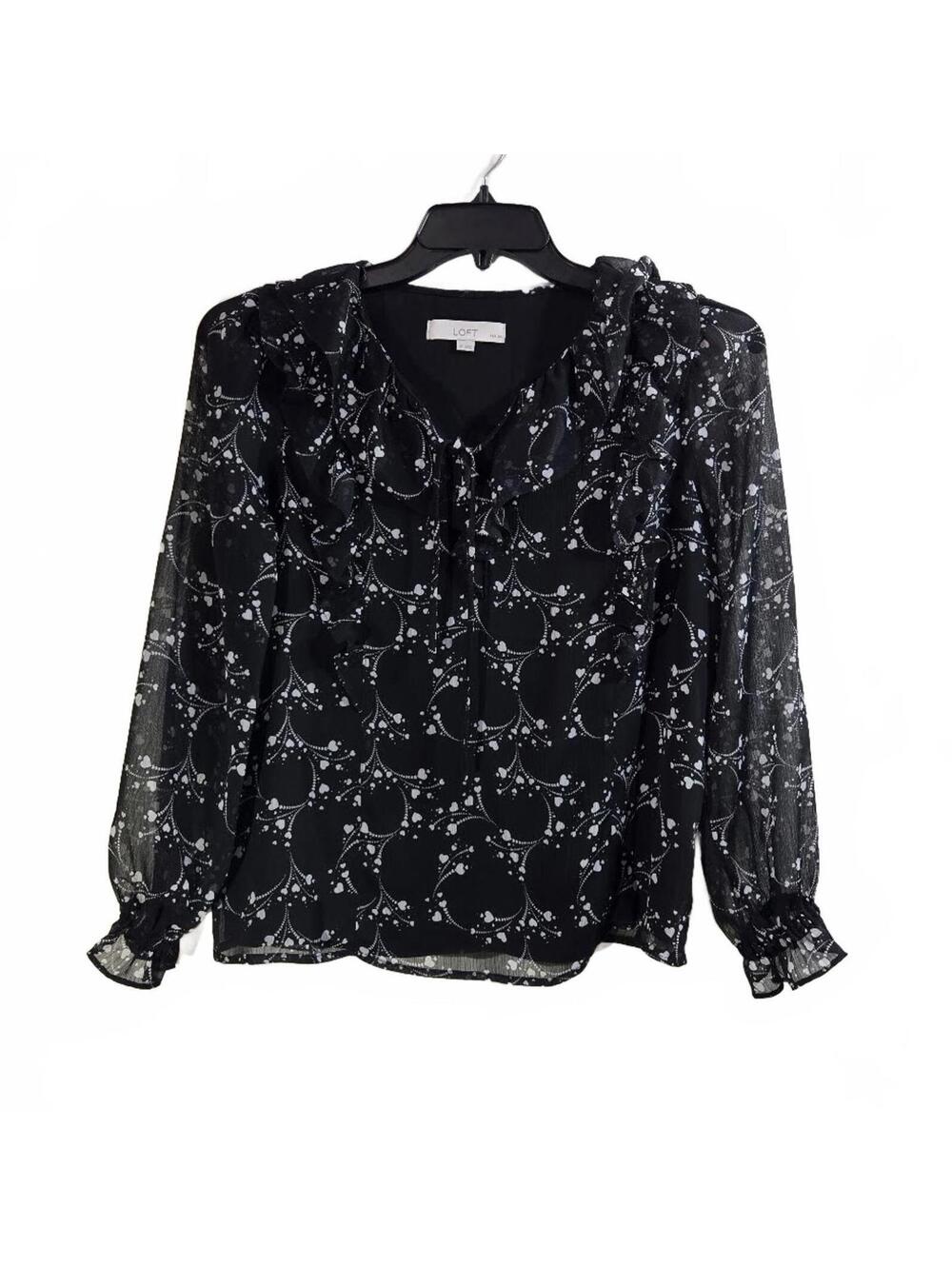 LOFT Black Sheer Ruffle Blouse with White Floral Pattern Size Small Petite